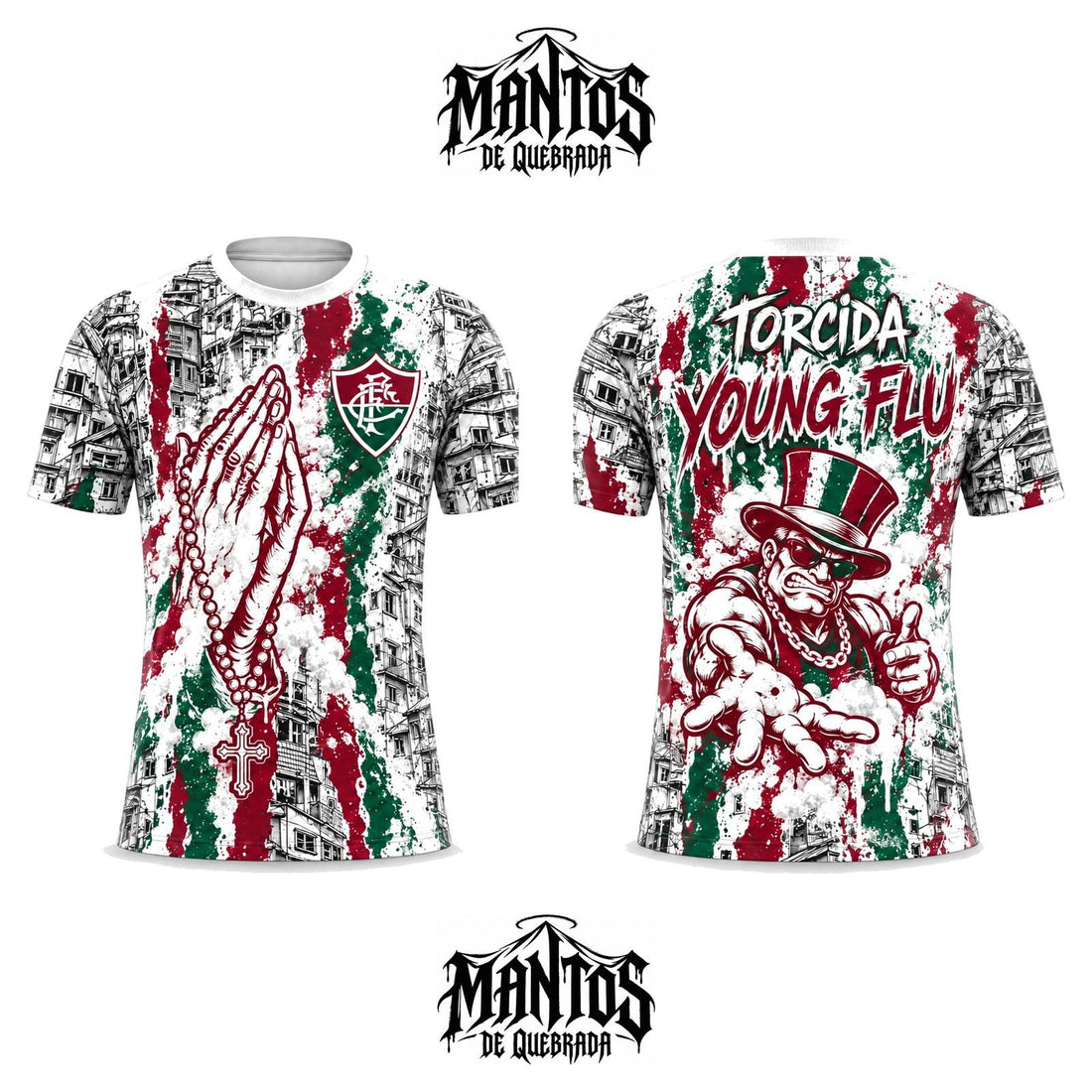 Camiseta de Quebrada Tricolor Carioca Pó de Arroz Versão Branca, frente e costas