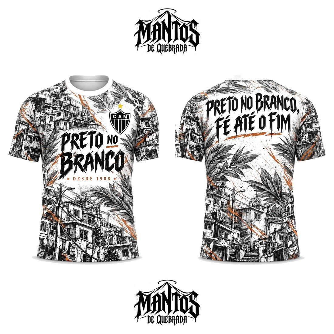 Camiseta de Quebrada Alvinegro Mineiro Preto no Branco Versão Branca, frente e costas