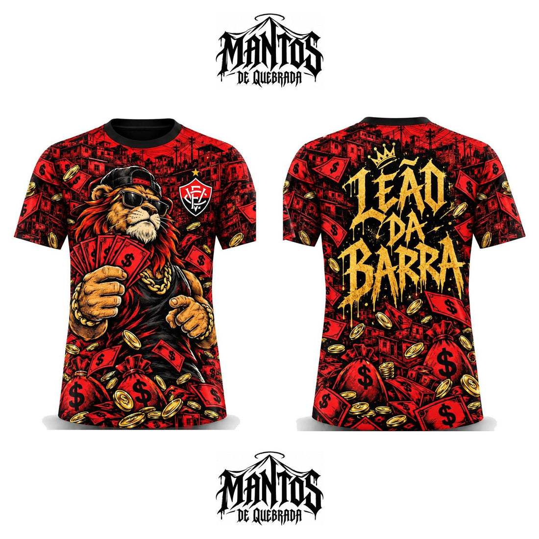Camiseta de Quebrada Leão da Barra Ostentação Rubro-Negro Baiano, frente e costas