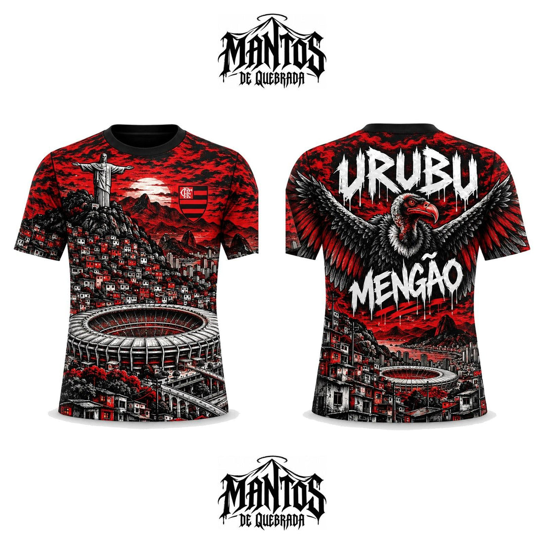 Camiseta de Quebrada Mengão Urubu Maracanã, frente e costas