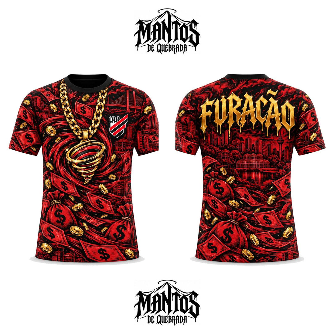 Camiseta de Quebrada Furacão Ostentação Rubro-Negro, frente e costas