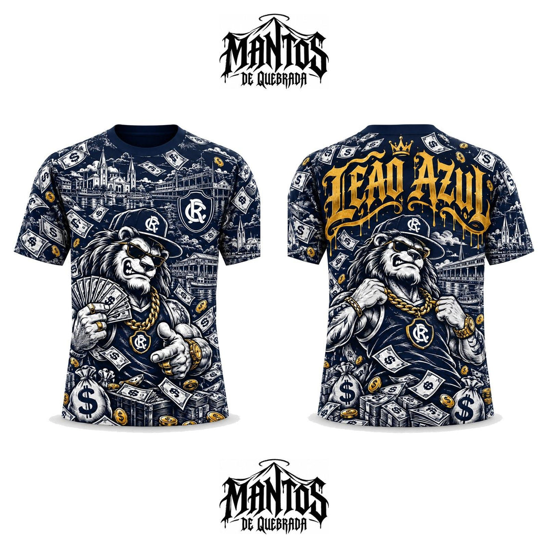 Camiseta de Quebrada Leão Azul Ostentação Fenômeno Azul, frente e costas