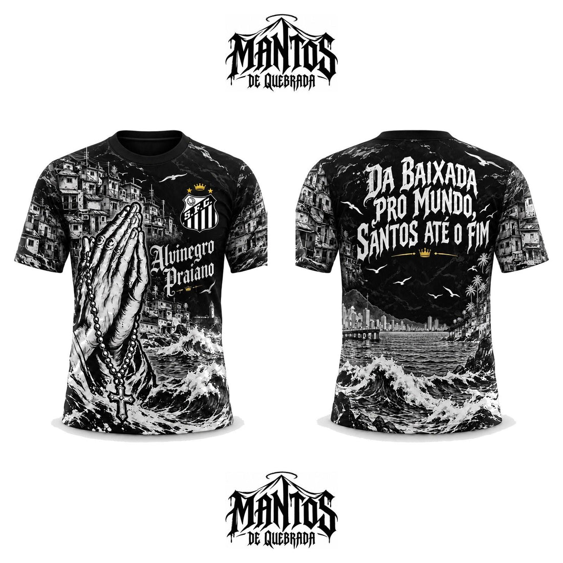 Camiseta de Quebrada Peixe Alvinegro Praiano Versão Preta, frente e costas