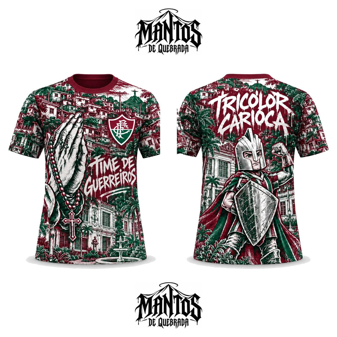 Camiseta de Quebrada Tricolor Carioca Time de Guerreiros, frente e costas