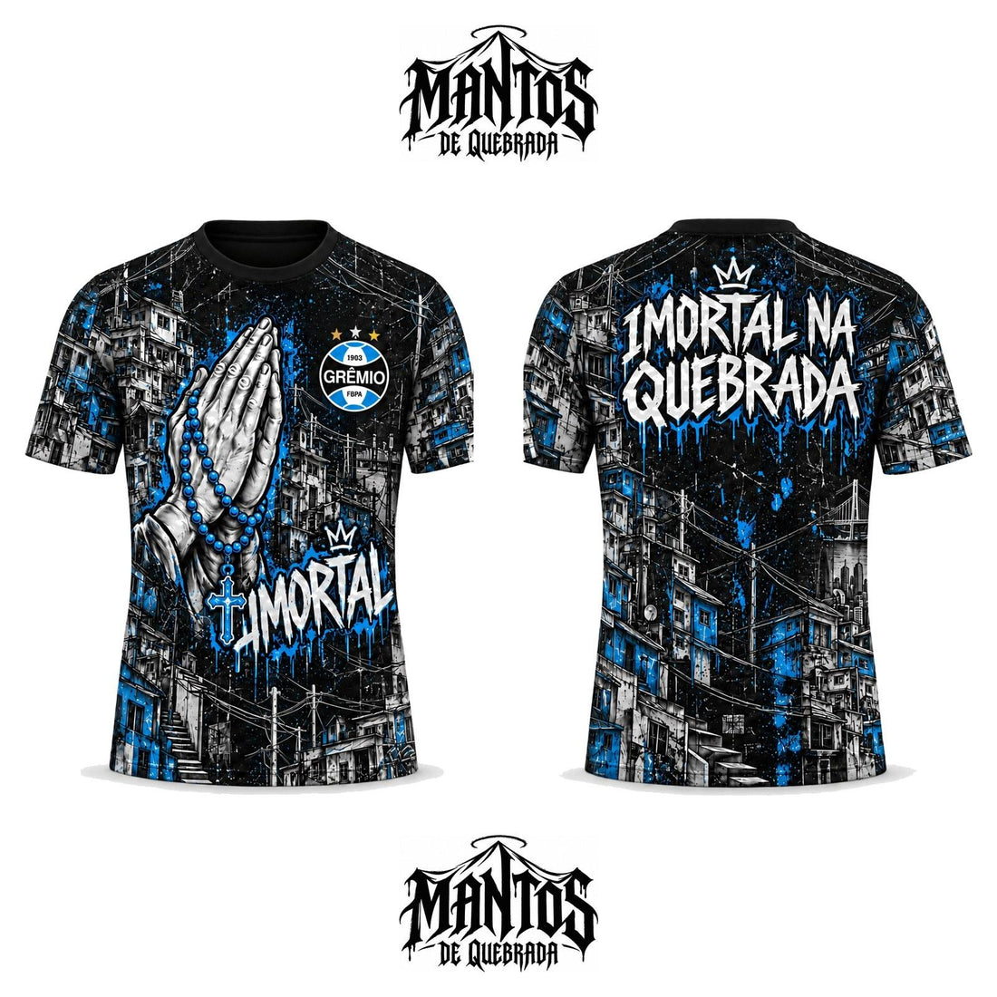 Camiseta de Quebrada Tricolor Gaúcho Imortal na Quebrada Versão Preta, frente e costas