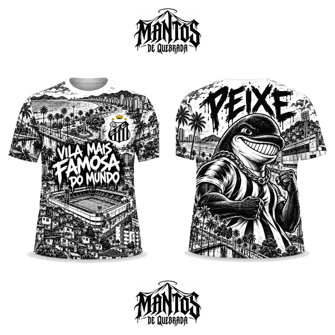 Camiseta de Quebrada Peixe Vila Mais Famosa do Mundo, frente e costas
