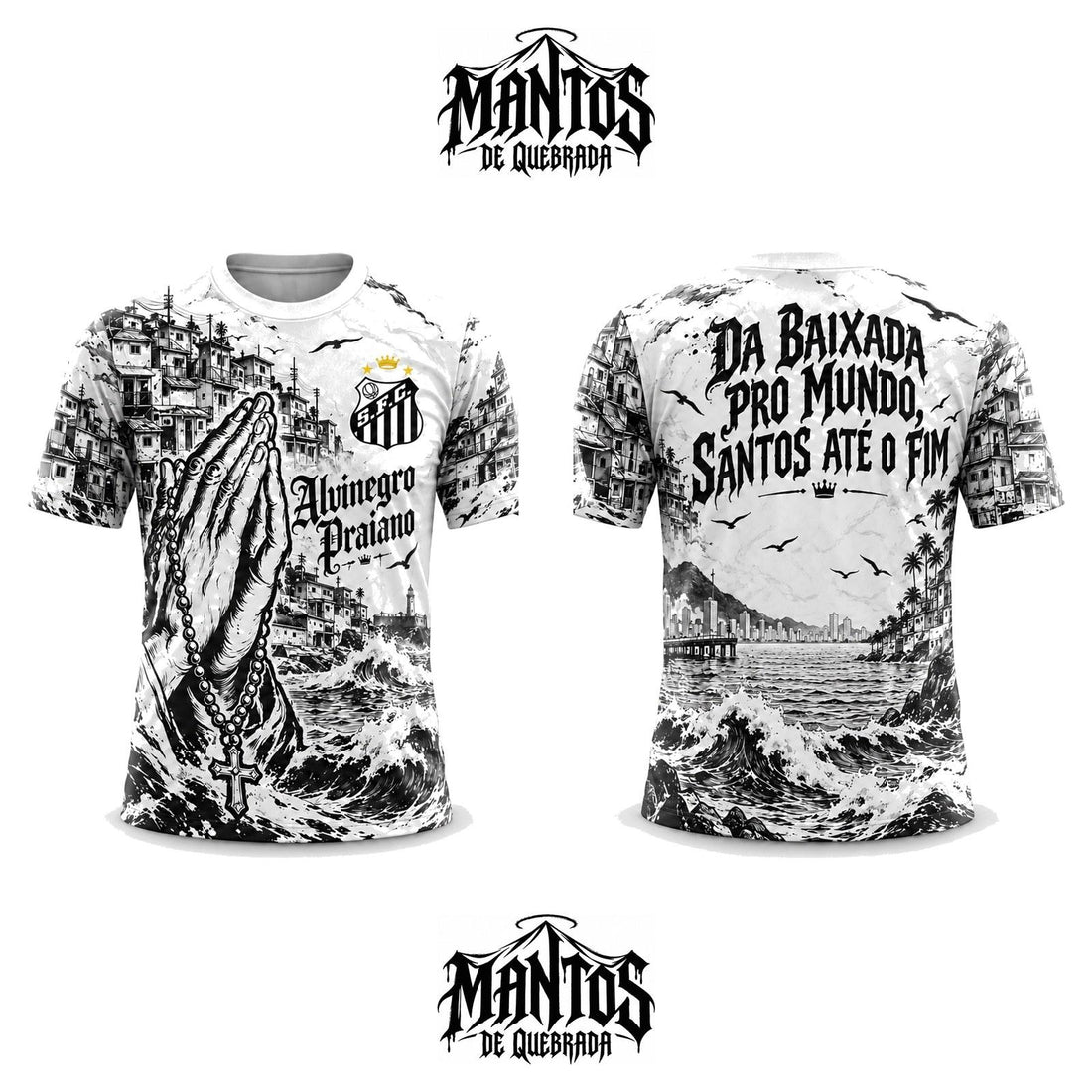 Camiseta de Quebrada Peixe Alvinegro Praiano, frente e costas