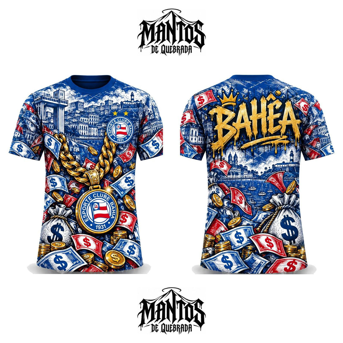 Camiseta de Quebrada Esquadrão Tricolor Baiano Ostentação Bahêa, frente e costas