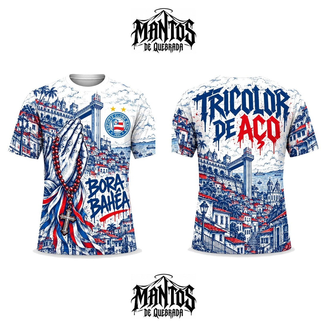 Camiseta de Quebrada Esquadrão Tricolor Baiano Bora Bahêa, frente e costas