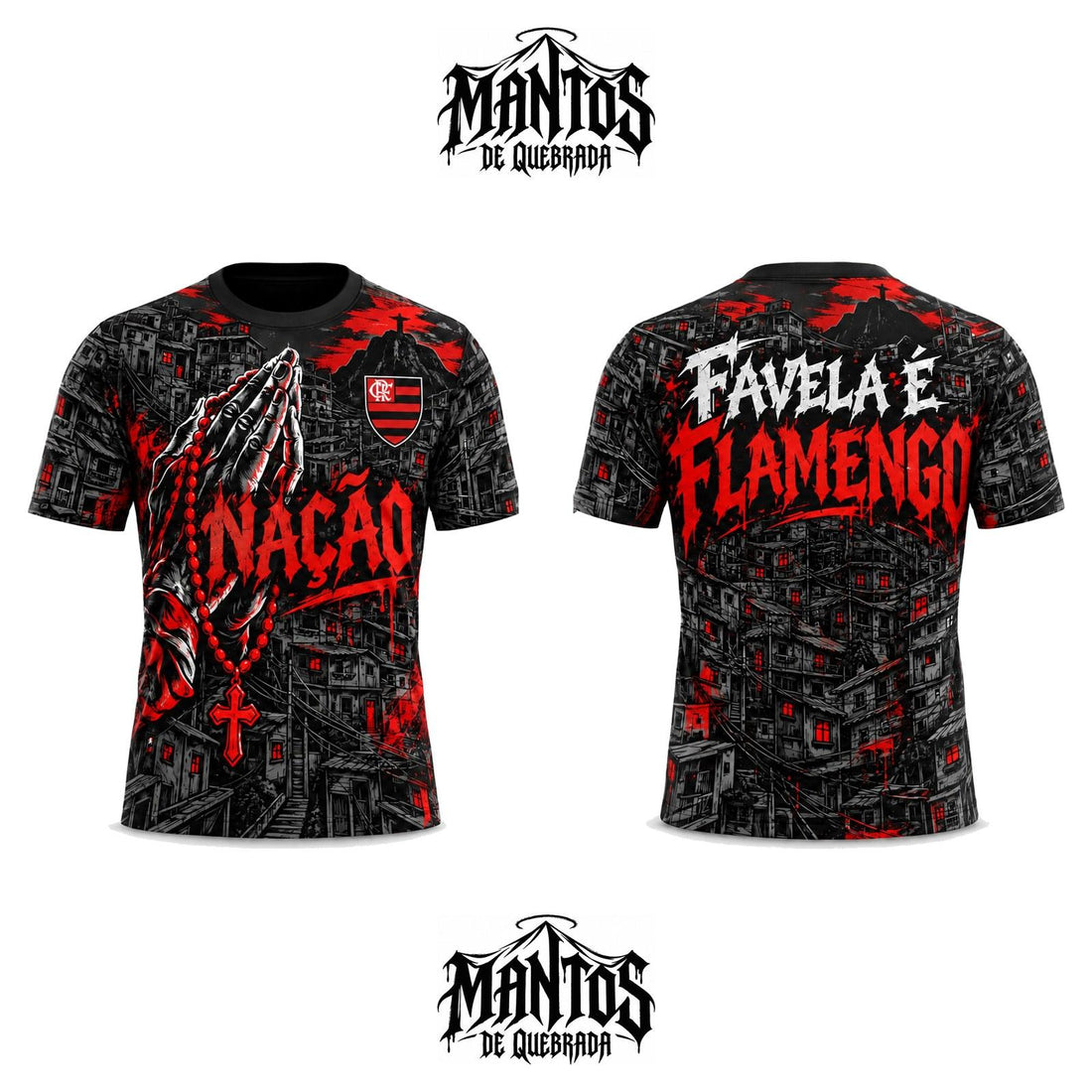 Camiseta de Quebrada Mengão Nação Rubro-Negra, frente e costas