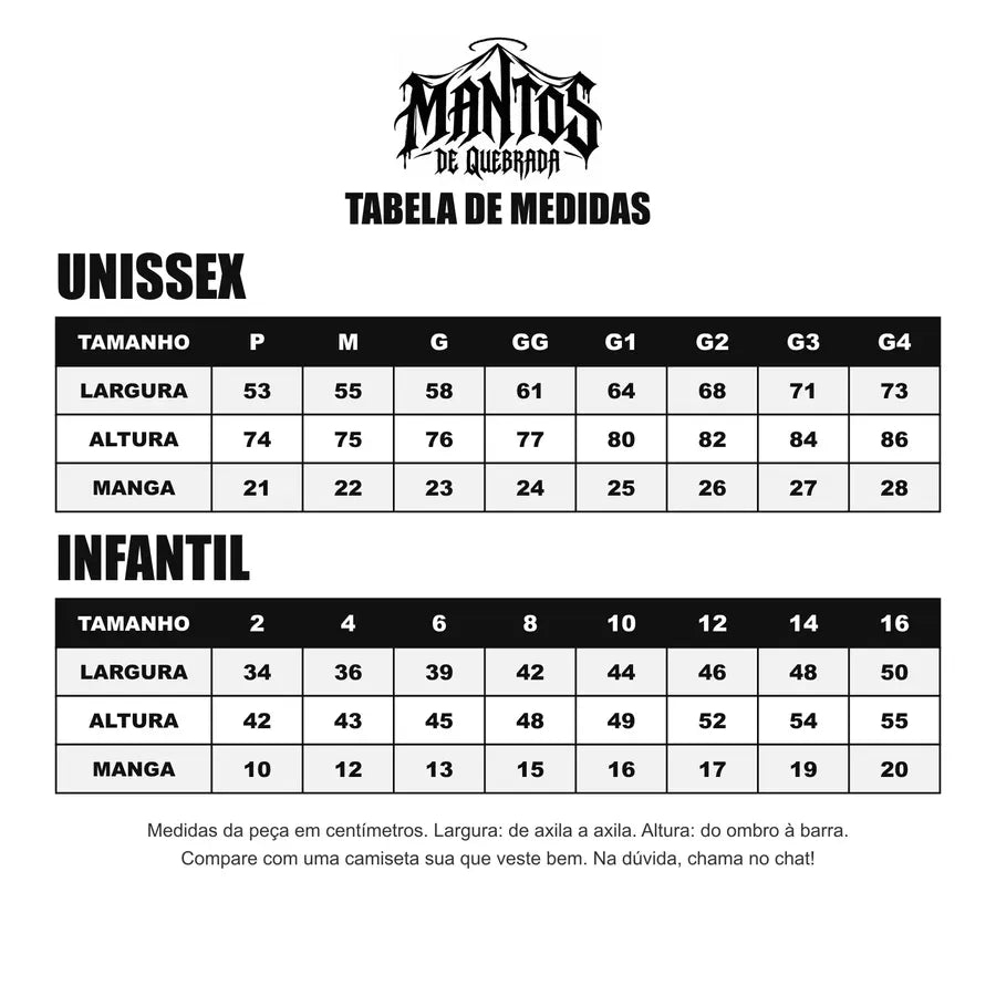 Tabela de medidas adulto e infantil